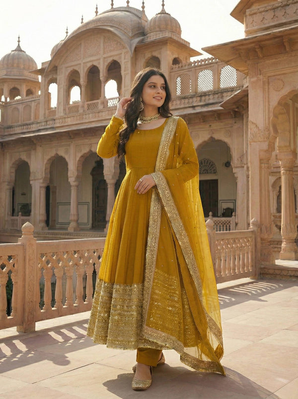 Premium Designer Anarkali Gown With Bottom & Dupatta In Roman Silk With Coding Sequence (YELLOW)