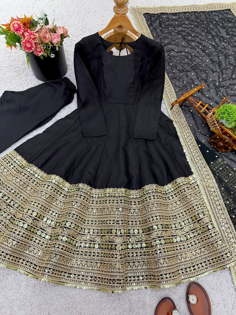 Premium Designer Anarkali Gown With Bottom & Dupatta In Roman Silk With Coding Sequence (BLACK)