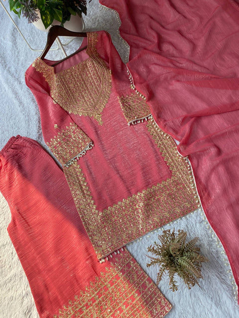 Designer Crunchy Fabric Top Palazzo Dupatta Set with Cording Sequins Embroidery |(PCH)