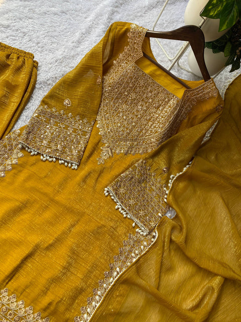 Designer Crunchy Fabric Top Palazzo Dupatta Set with Cording Sequins Embroidery (MUSTARD)