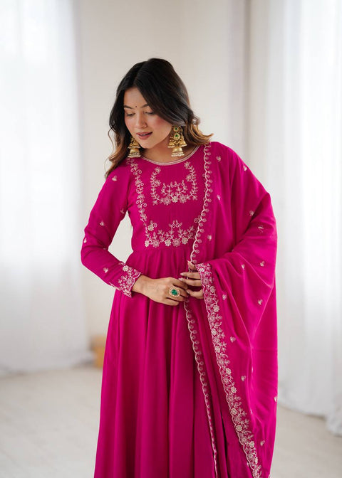 Pure Roman Chanderi Silk Anarkali Set for Women – Ready to Wear Wedding & Party Wear