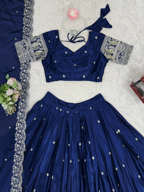 Chinon Silk Lehenga Choli Set for Women – Heavy Boutique Festive Wear (BLUE)