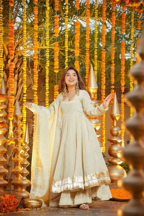 Designer Chinnon Silk Plazzo Gown Set for Women –  Festive Wear