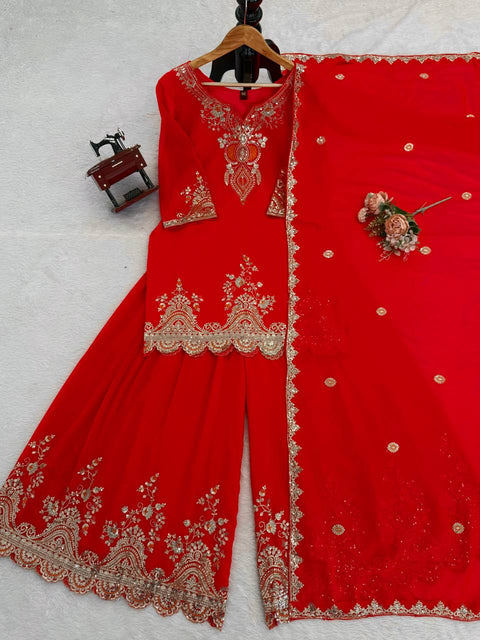 Designer Faux Georgette Sharara Set for Women – Thread & Sequence Work Festive Wear(RED)