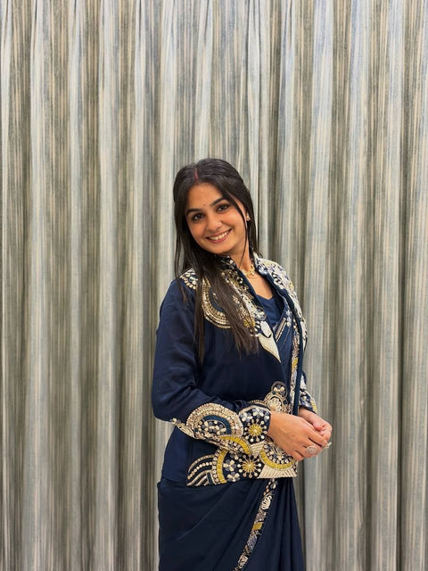 Designer Wear Lehenga Saree With Long Blouse And Heavy Embroidery Work