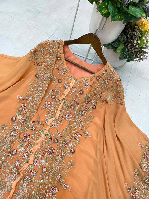 ✨Designer Wear Kurta Plazzo Pair With Shrug In Sequence Embroidery Work✨ (BEIGE)