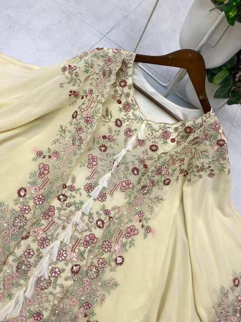 ✨Designer Wear Kurta Plazzo Pair With Shrug In Sequence Embroidery Work✨ (OFF WHITE)