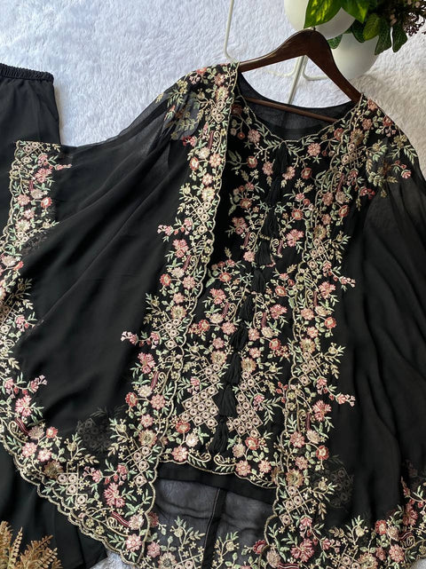 ✨Designer Wear Kurta Plazzo Pair With Shrug In Sequence Embroidery Work✨ (BLACK)