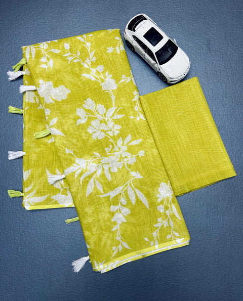 🍁 New Design Soft Linen Saree With Digital Print And Latkan – 🍁