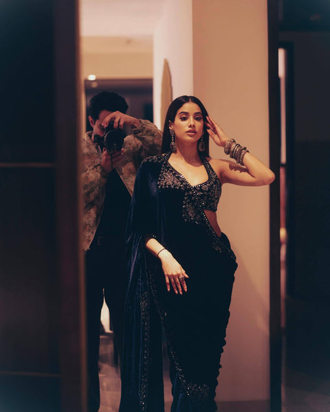 Celebrity Inspired Premium Velvet Saree With Embroidery Work