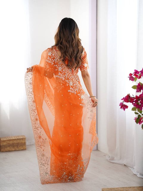 Heavy Organza Silk Saree With Thread And Sequin Embroidery