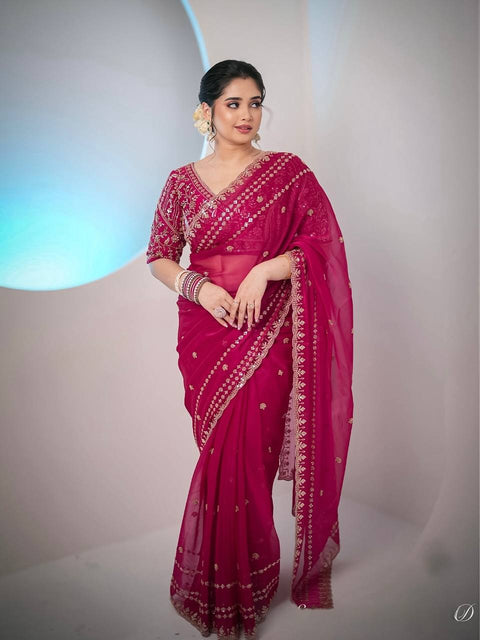 Premium Designer Saree In Soft Space Silk With Sequence & Zari Embroidery