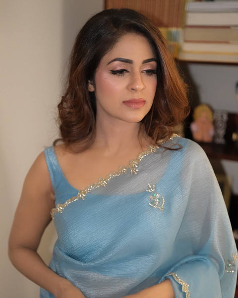 ✨Exclusive Designer Saree In Pixcel Crush With Katdana & Diamond Handwork ✨