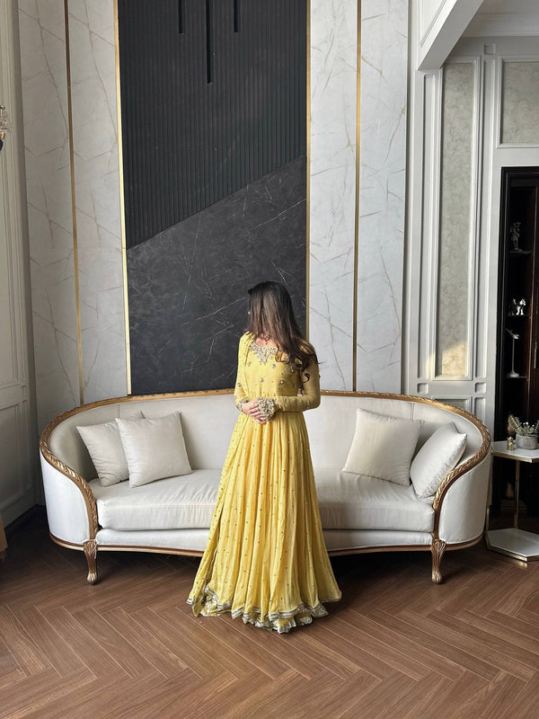 Designer Anarkali Gown In Premium Faux Georgette With Sequins & Zari Work –