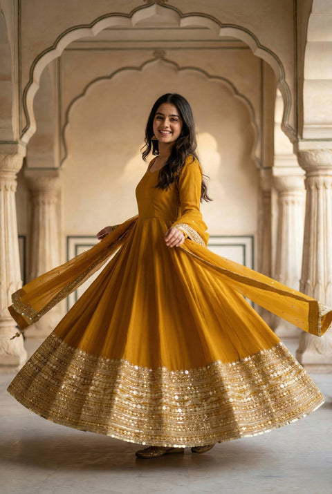 Premium Designer Anarkali Gown With Bottom & Dupatta In Roman Silk With Coding Sequence (YELLOW)