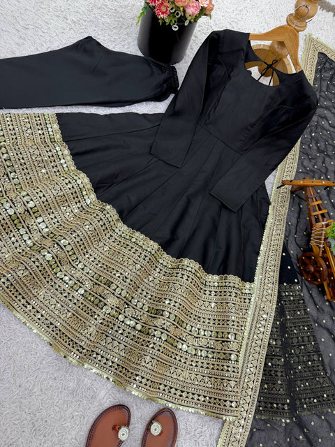 Premium Designer Anarkali Gown With Bottom & Dupatta In Roman Silk With Coding Sequence (BLACK)