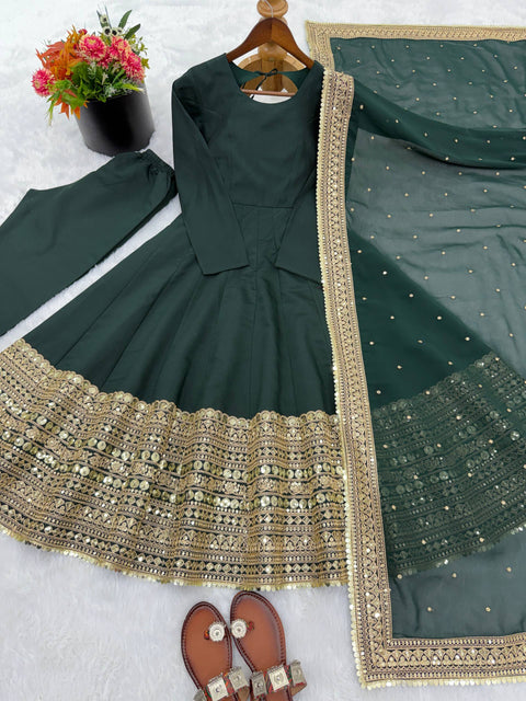 Premium Designer Anarkali Gown With Bottom & Dupatta In Roman Silk With Coding Sequence (RAMA)