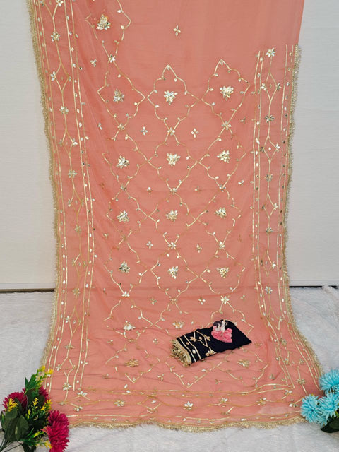 ✨Original Hand Kachhi Gotta Work Heavy Saree In Soft C C Georgette With Sequence Lace Border – (1218)