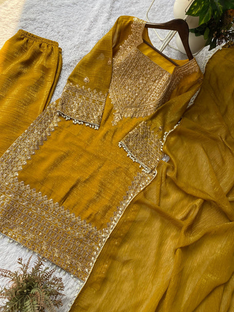 Designer Crunchy Fabric Top Palazzo Dupatta Set with Cording Sequins Embroidery (MUSTARD)