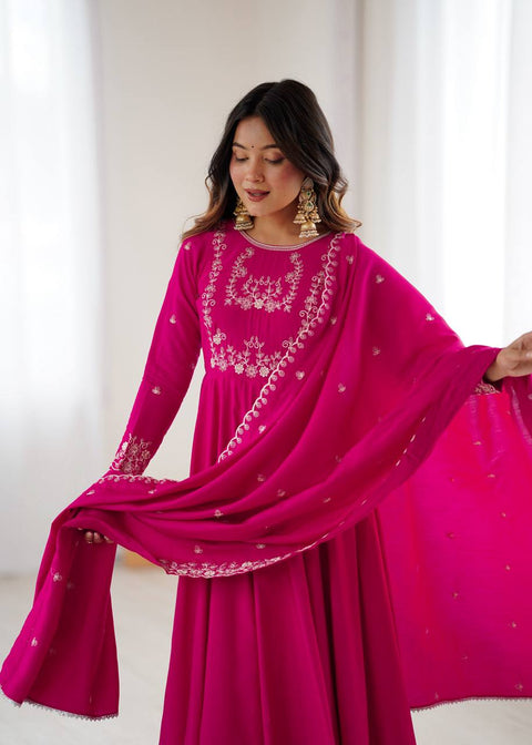 Pure Roman Chanderi Silk Anarkali Set for Women – Ready to Wear Wedding & Party Wear