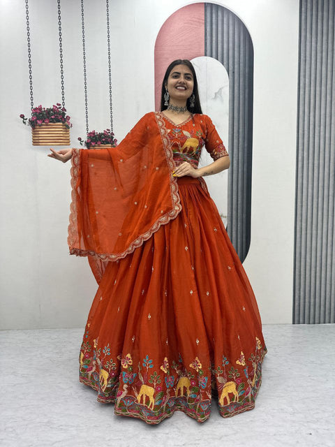 Festival Lehenga Choli Set for Women – Heavy Embroidery Designer Wear ( RUST)