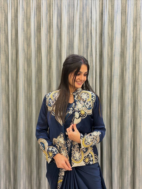 Designer Wear Lehenga Saree With Long Blouse And Heavy Embroidery Work