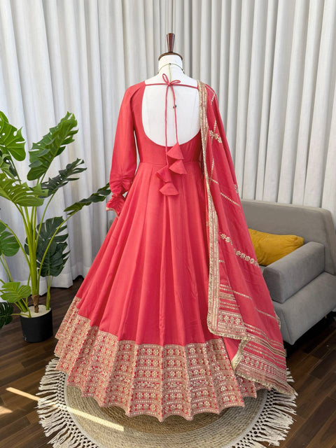 Premium Chinon Silk Anarkali Suit Set with Sequins & Fancy Lace Dupatta