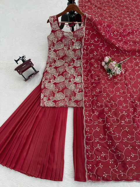 Series Premium Simmer Silk Top Sharara Set with Sequins & Lace Dupatta
