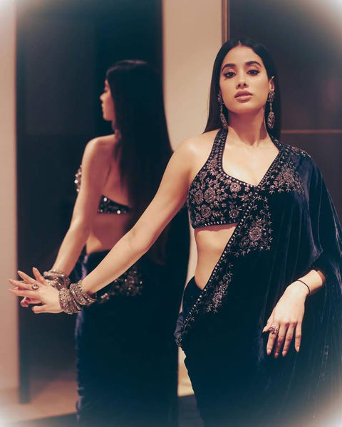 Celebrity Inspired Premium Velvet Saree With Embroidery Work