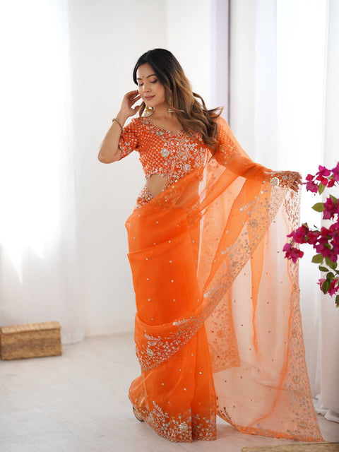 Heavy Organza Silk Saree With Thread And Sequin Embroidery