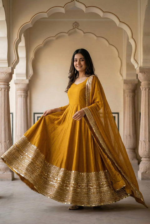 Premium Designer Anarkali Gown With Bottom & Dupatta In Roman Silk With Coding Sequence (YELLOW)