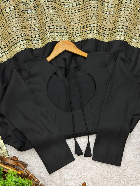 Premium Designer Anarkali Gown With Bottom & Dupatta In Roman Silk With Coding Sequence (BLACK)