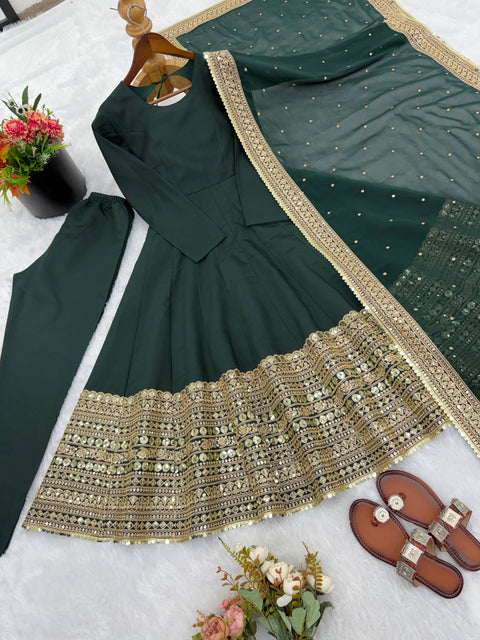 Premium Designer Anarkali Gown With Bottom & Dupatta In Roman Silk With Coding Sequence (RAMA)