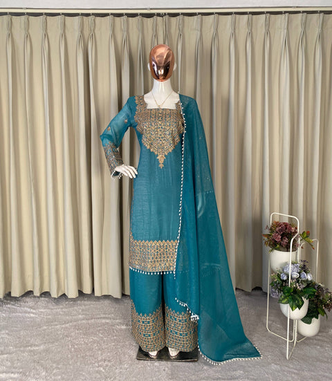Designer Crunchy Fabric Top Palazzo Dupatta Set with Cording Sequins Embroidery (BLUE)