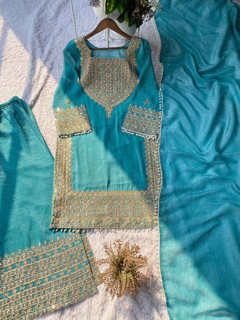 Designer Crunchy Fabric Top Palazzo Dupatta Set with Cording Sequins Embroidery (BLUE)