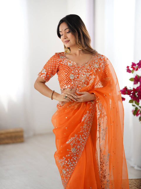 Heavy Organza Silk Saree With Thread And Sequin Embroidery