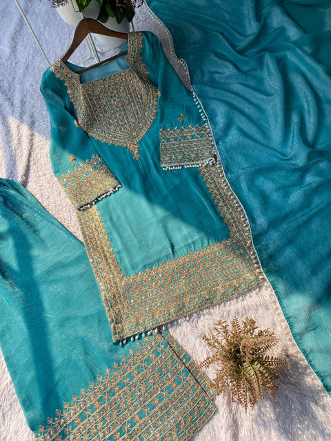 Designer Crunchy Fabric Top Palazzo Dupatta Set with Cording Sequins Embroidery (BLUE)