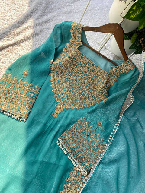 Designer Crunchy Fabric Top Palazzo Dupatta Set with Cording Sequins Embroidery (BLUE)
