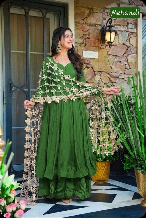 Roman Silk 3 Piece Mirror Work  Set for Women – Party & Festive Wear (1222-MHENDI)