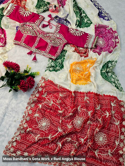 ✨Most Viral Moss Bandhani Saree With Angiya Blouse And Hand Gotta Patti Work – (1224-Bandhani)