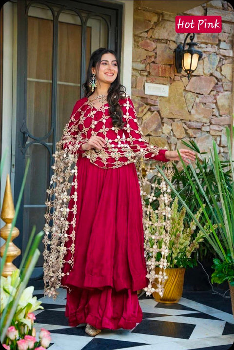 Roman Silk 3 Piece Mirror Work  Set for Women – Party & Festive Wear (1222-RANI )