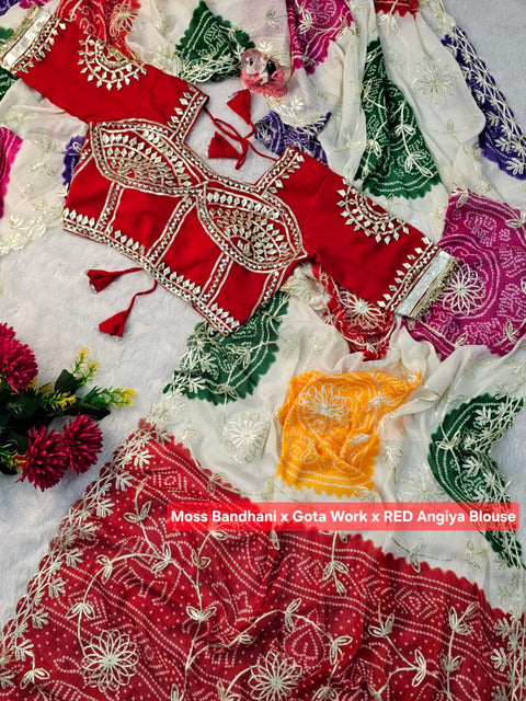 ✨Most Viral Moss Bandhani Saree With Angiya Blouse And Hand Gotta Patti Work – (1224-Bandhani)