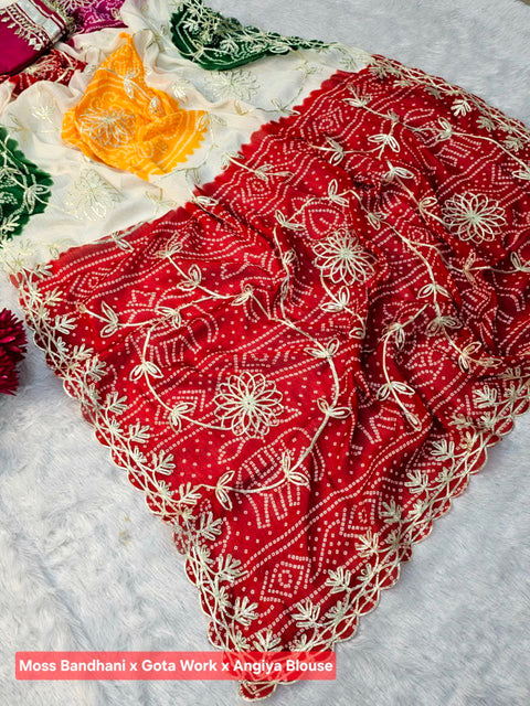 ✨Most Viral Moss Bandhani Saree With Angiya Blouse And Hand Gotta Patti Work – (1224-Bandhani)