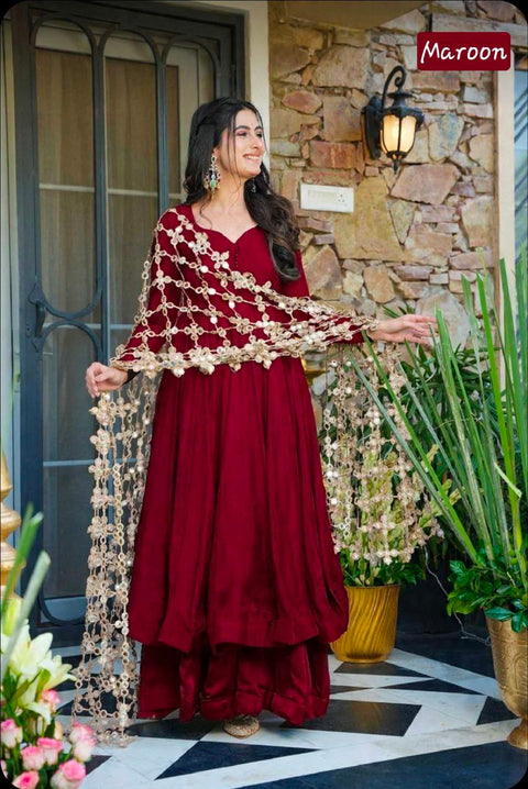 Roman Silk 3 Piece Mirror Work  Set for Women – Party & Festive Wear (1222-MRN)