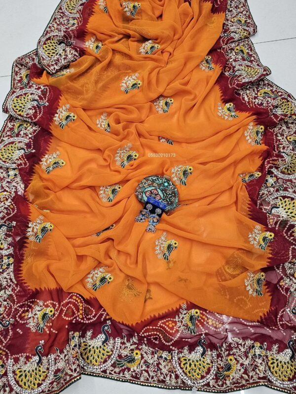 Stunning Rajasthani Bandhani Print Georgette Saree with Heavy Thread & Stone Work