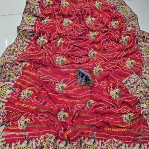 Stunning Rajasthani Bandhani Print Georgette Saree with Heavy Thread & Stone Work