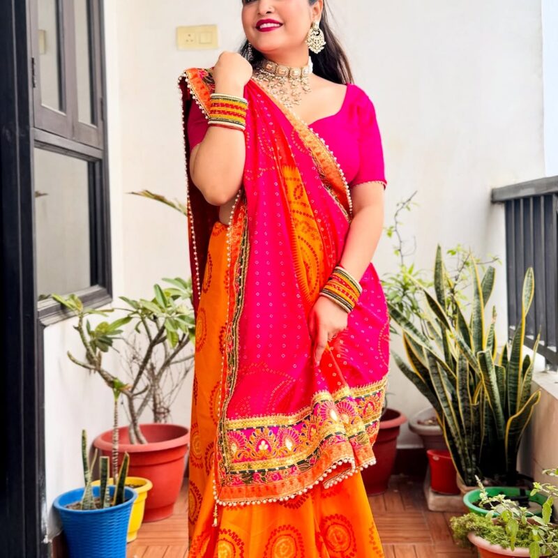 Wedding Season Special Bandhej Print Chiffon Saree with Gotta Patti Border