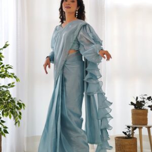 ✨ Ready-to-Wear Jimmy Choo Organza Saree – Perfect for Festivities & Weddings! 💃 (Sky Color)