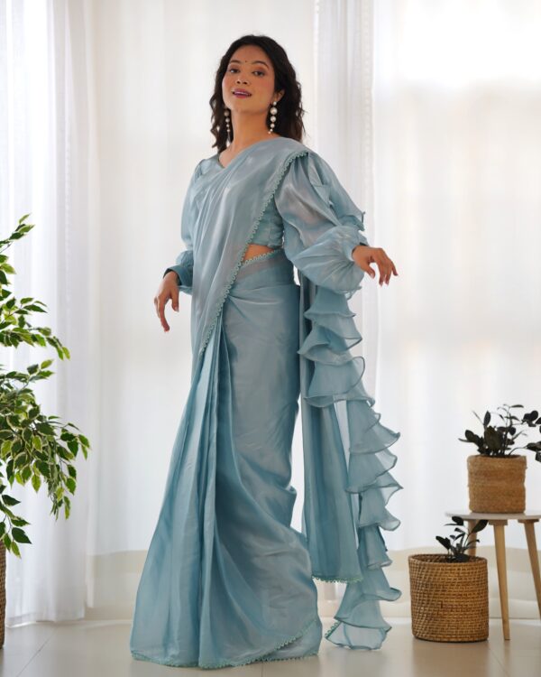 ✨ Ready-to-Wear Jimmy Choo Organza Saree – Perfect for Festivities & Weddings! 💃 (Sky Color)