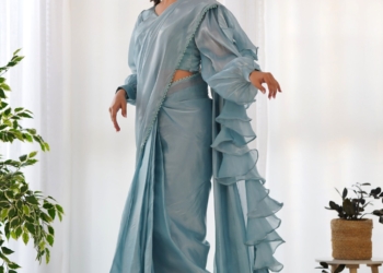 ✨ Ready-to-Wear Jimmy Choo Organza Saree – Perfect for Festivities & Weddings! 💃 (Sky Color)